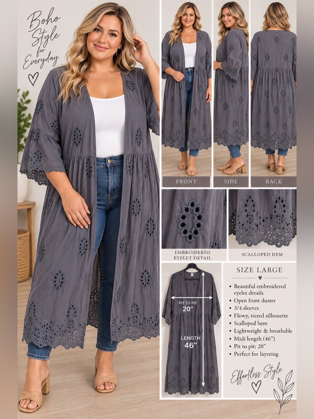 Gray Embroidered Eyelet Midi Duster – Size Large